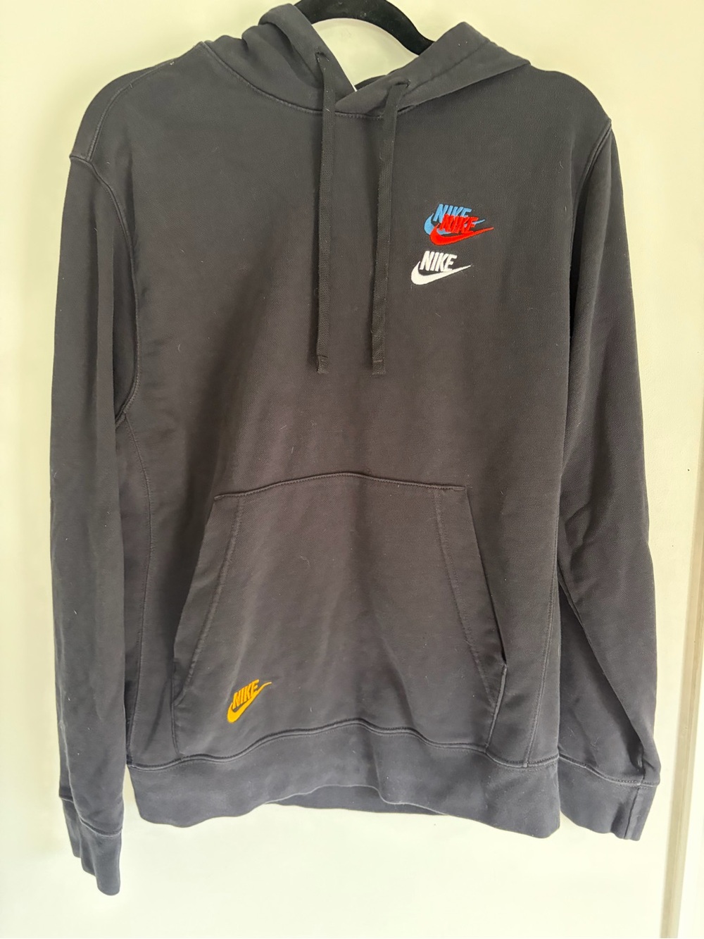 Nike Black Hoodie with Multi-Color Logo Accents Size S Unisex Comfy Athleticwear